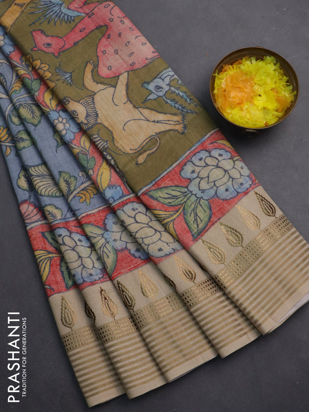 Semi tussar saree pastel blue and beige with allover kalamkari prints and zari woven border