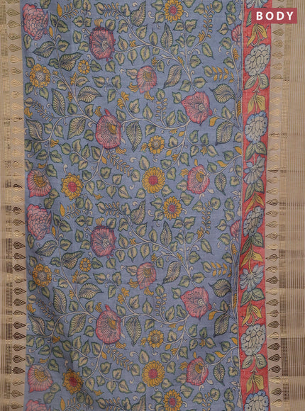 Semi tussar saree pastel blue and beige with allover kalamkari prints and zari woven border