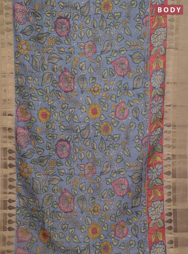 Semi tussar saree pastel blue and beige with allover kalamkari prints and zari woven border