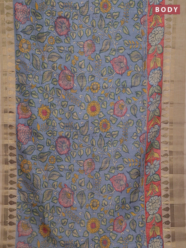 Semi tussar saree pastel blue and beige with allover kalamkari prints and zari woven border