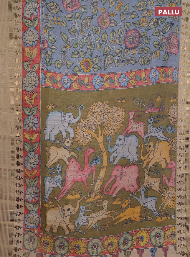 Semi tussar saree pastel blue and beige with allover kalamkari prints and zari woven border