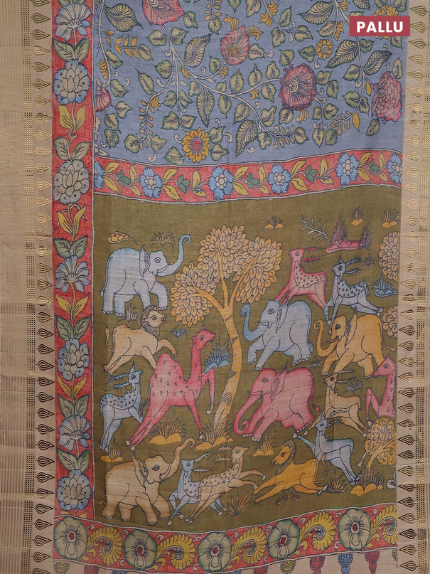 Semi tussar saree pastel blue and beige with allover kalamkari prints and zari woven border