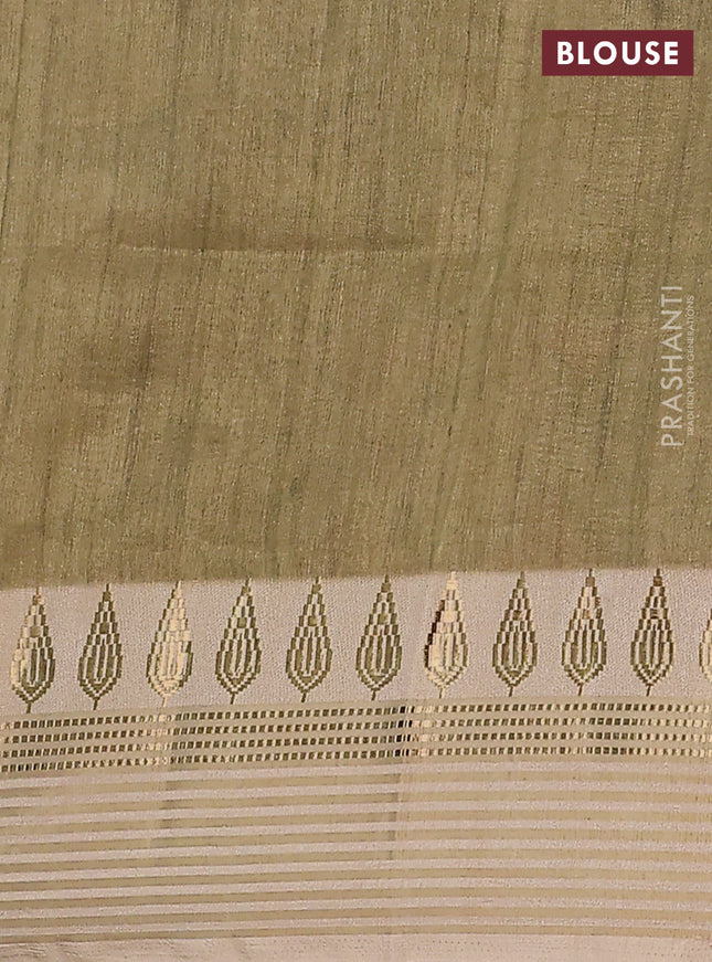 Semi tussar saree pastel blue and beige with allover kalamkari prints and zari woven border