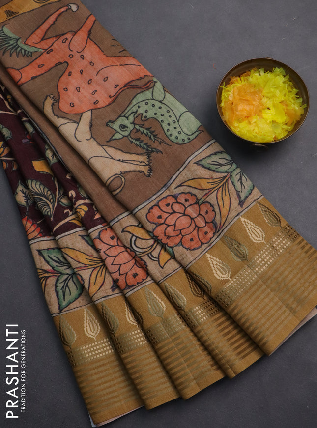 Semi tussar saree deep wine and sandal with allover kalamkari prints and zari woven border