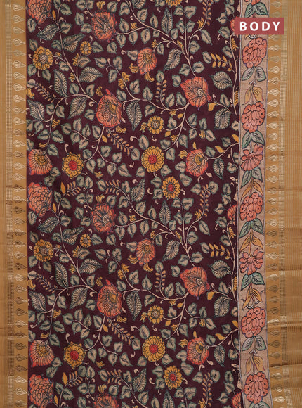 Semi tussar saree deep wine and sandal with allover kalamkari prints and zari woven border