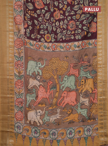 Semi tussar saree deep wine and sandal with allover kalamkari prints and zari woven border