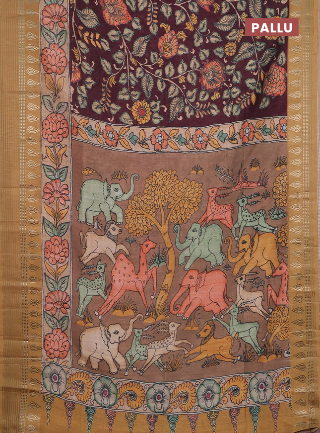 Semi tussar saree deep wine and sandal with allover kalamkari prints and zari woven border