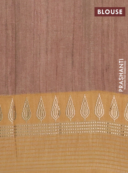 Semi tussar saree deep wine and sandal with allover kalamkari prints and zari woven border