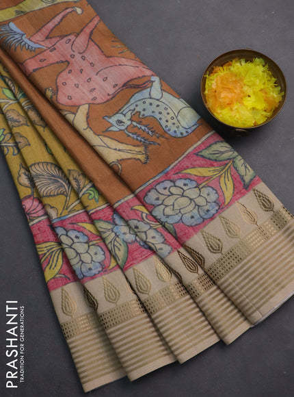 Semi tussar saree mustard yellow and beige with allover kalamkari prints and zari woven border
