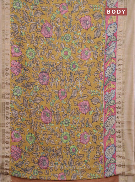 Semi tussar saree mustard yellow and beige with allover kalamkari prints and zari woven border