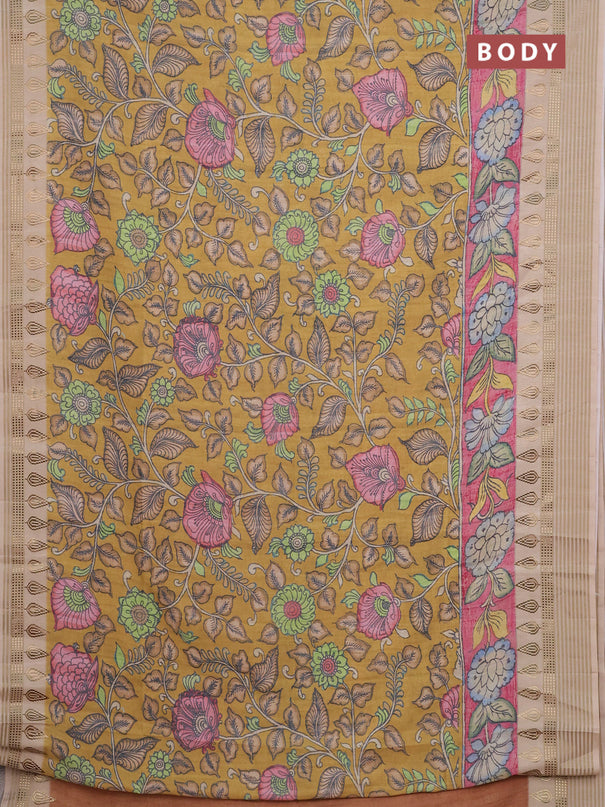 Semi tussar saree mustard yellow and beige with allover kalamkari prints and zari woven border