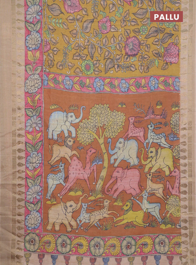 Semi tussar saree mustard yellow and beige with allover kalamkari prints and zari woven border