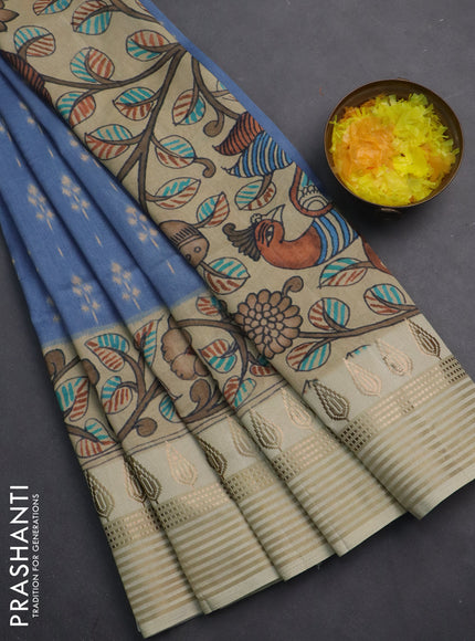Semi tussar saree blue shade and cream with ikat butta prints and zari woven border