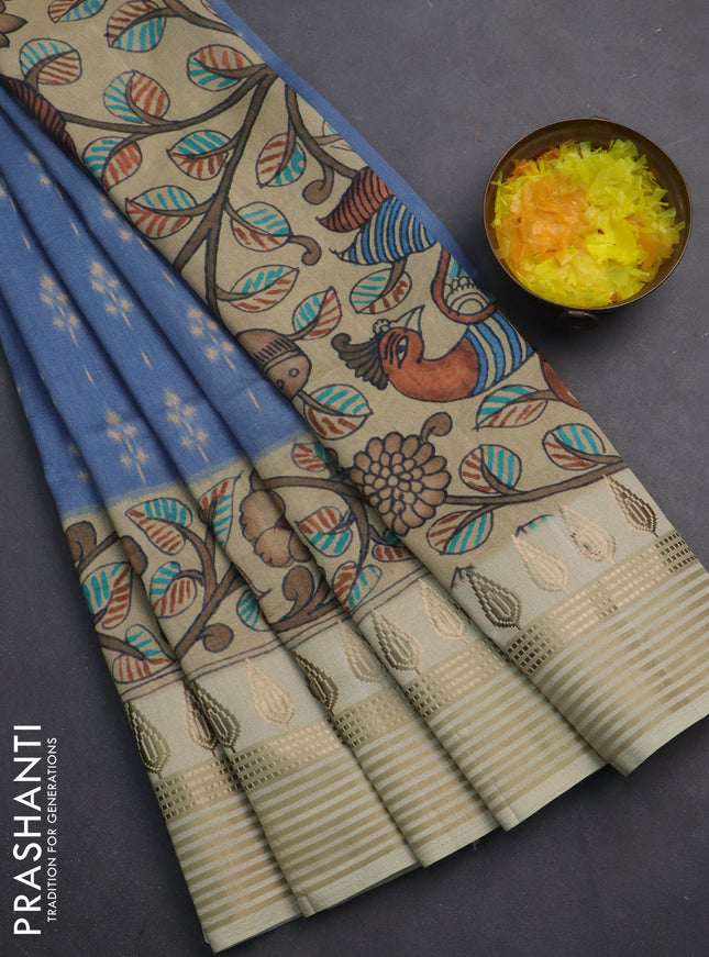 Semi tussar saree blue shade and cream with ikat butta prints and zari woven border