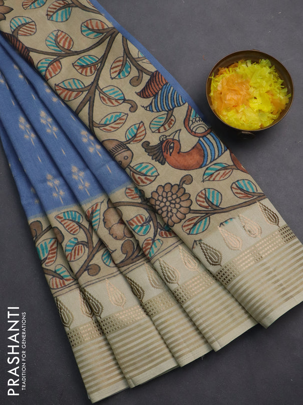 Semi tussar saree blue shade and cream with ikat butta prints and zari woven border
