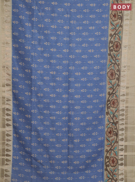 Semi tussar saree blue shade and cream with ikat butta prints and zari woven border