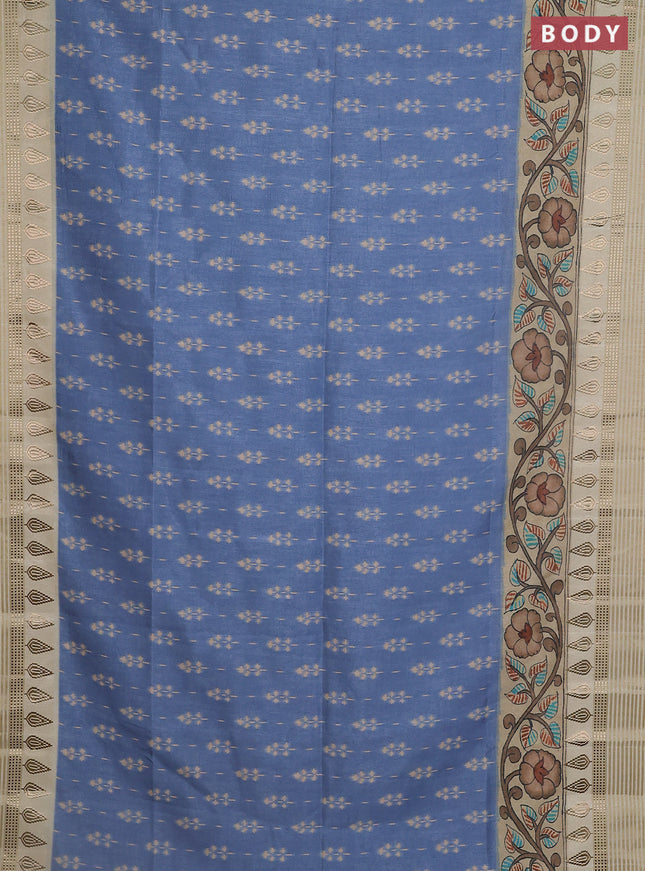 Semi tussar saree blue shade and cream with ikat butta prints and zari woven border