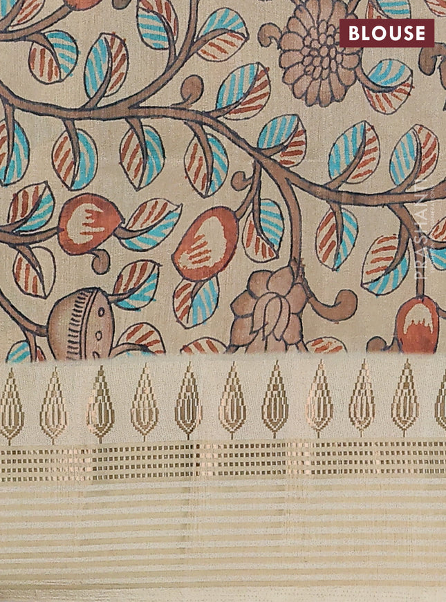 Semi tussar saree blue shade and cream with ikat butta prints and zari woven border