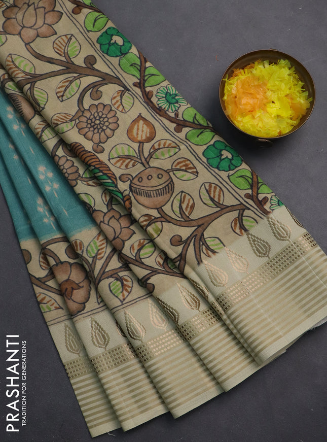 Semi tussar saree teal green shade and cream with ikat butta prints and zari woven border
