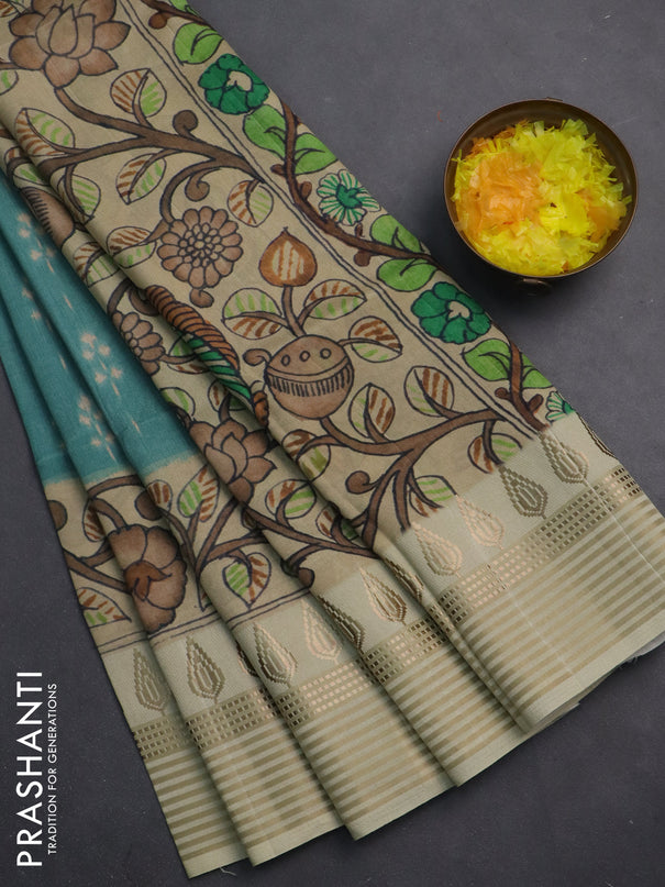 Semi tussar saree teal green shade and cream with ikat butta prints and zari woven border