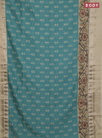 Semi tussar saree teal green shade and cream with ikat butta prints and zari woven border