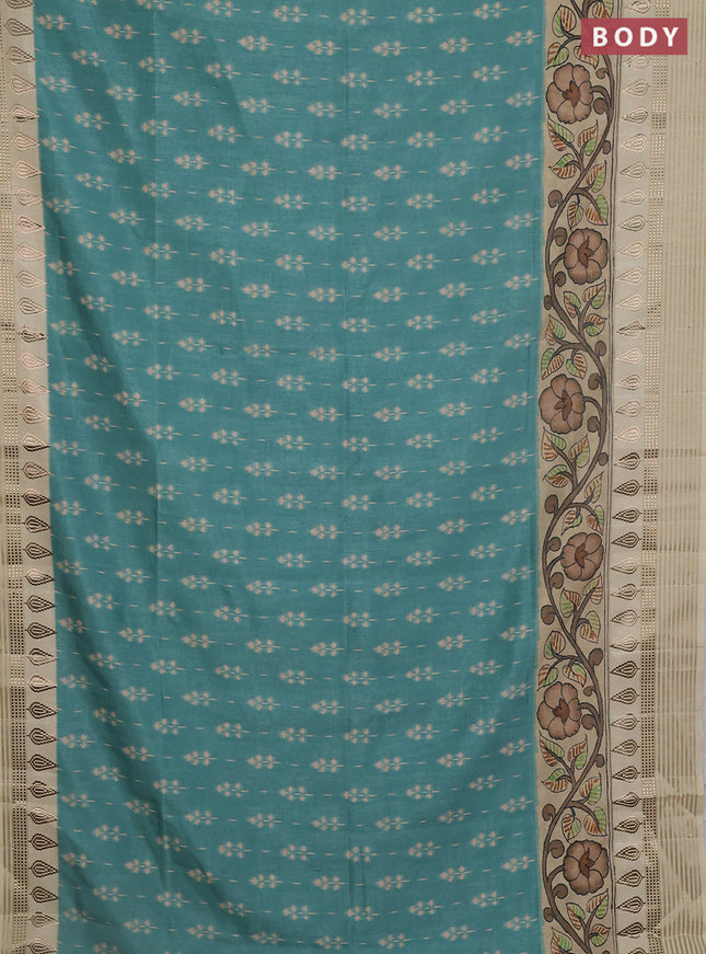 Semi tussar saree teal green shade and cream with ikat butta prints and zari woven border