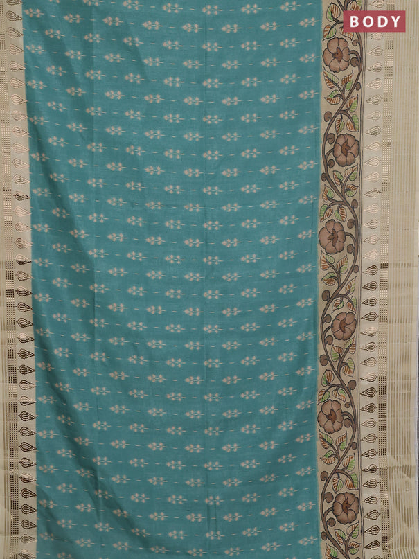 Semi tussar saree teal green shade and cream with ikat butta prints and zari woven border