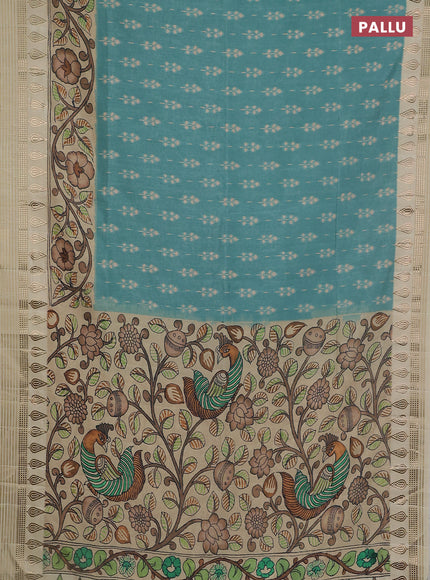 Semi tussar saree teal green shade and cream with ikat butta prints and zari woven border