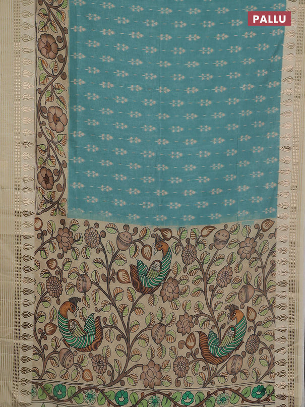 Semi tussar saree teal green shade and cream with ikat butta prints and zari woven border