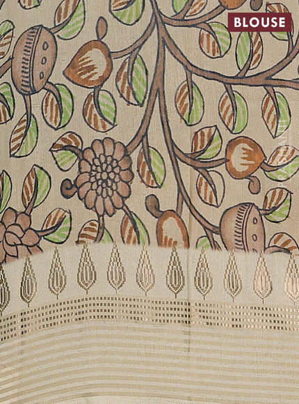 Semi tussar saree teal green shade and cream with ikat butta prints and zari woven border