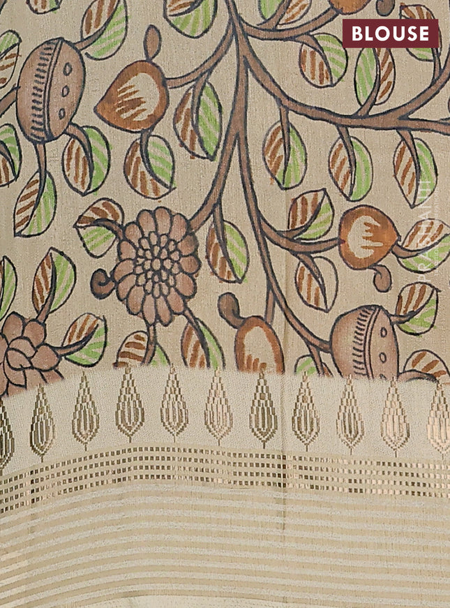 Semi tussar saree teal green shade and cream with ikat butta prints and zari woven border