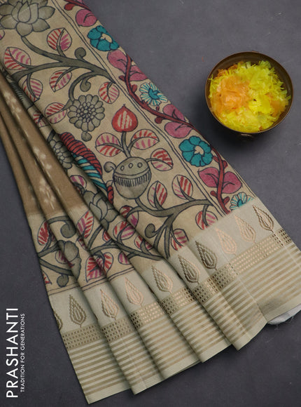 Semi tussar saree beige and cream with ikat butta prints and zari woven border