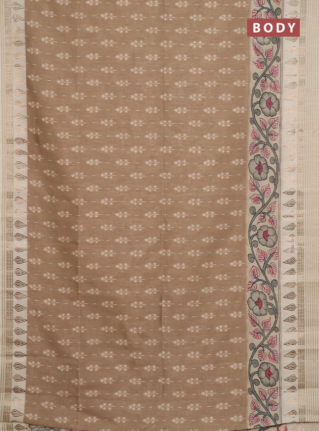Semi tussar saree beige and cream with ikat butta prints and zari woven border