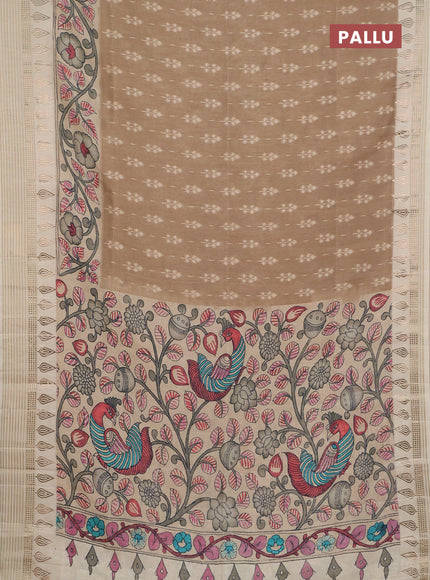 Semi tussar saree beige and cream with ikat butta prints and zari woven border