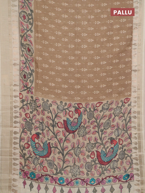 Semi tussar saree beige and cream with ikat butta prints and zari woven border