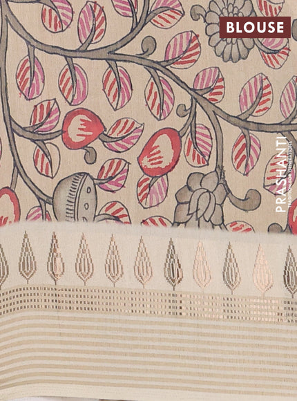 Semi tussar saree beige and cream with ikat butta prints and zari woven border