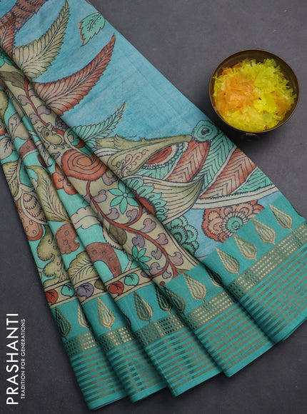 Semi tussar saree teal green shade and cream with allover kalamkari prints and zari woven border