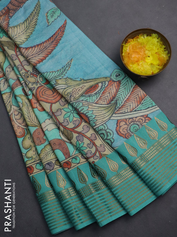 Semi tussar saree teal green shade and cream with allover kalamkari prints and zari woven border