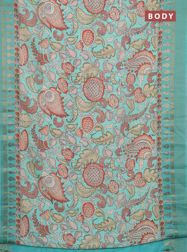 Semi tussar saree teal green shade and cream with allover kalamkari prints and zari woven border