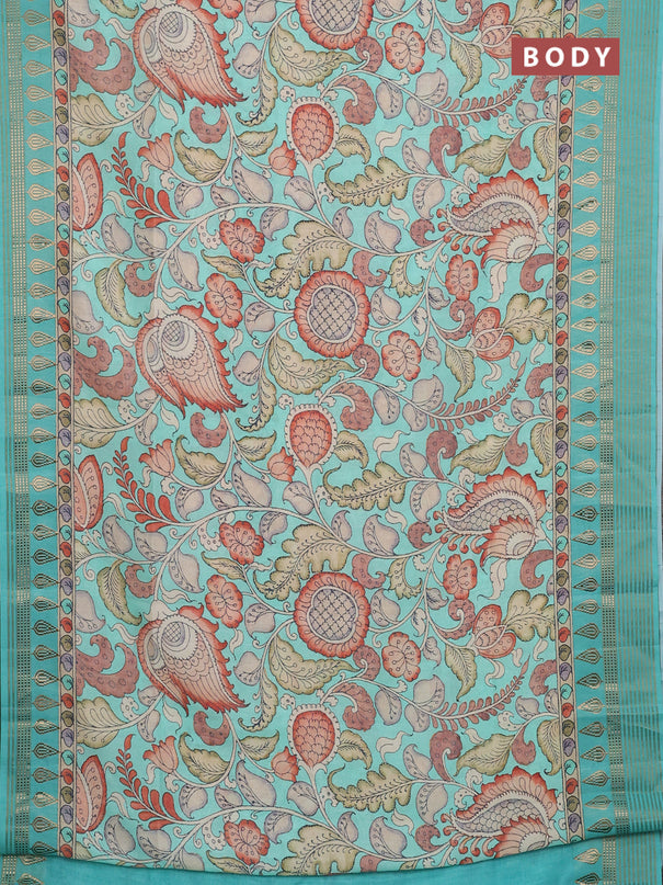 Semi tussar saree teal green shade and cream with allover kalamkari prints and zari woven border
