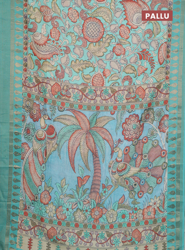 Semi tussar saree teal green shade and cream with allover kalamkari prints and zari woven border