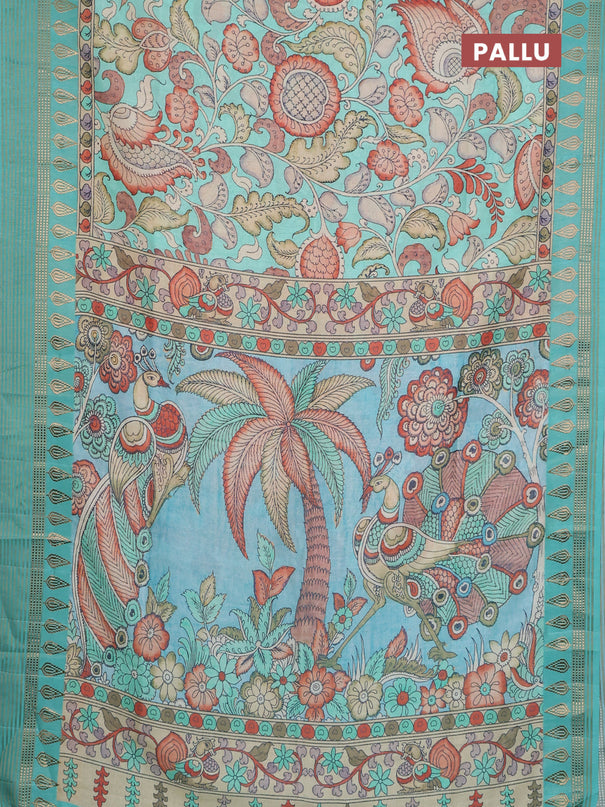 Semi tussar saree teal green shade and cream with allover kalamkari prints and zari woven border