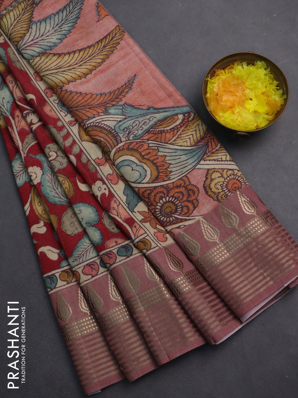 Semi tussar saree maroon and mauve pink with allover kalamkari prints and zari woven border