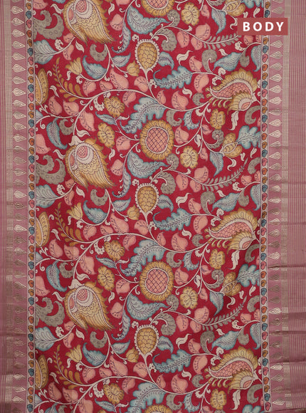Semi tussar saree maroon and mauve pink with allover kalamkari prints and zari woven border
