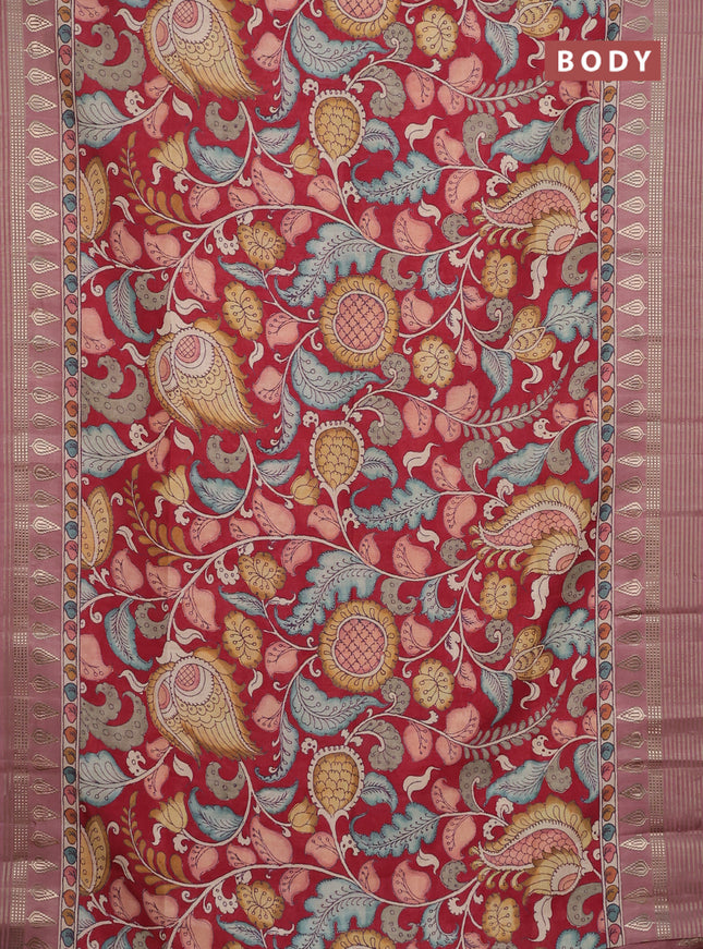 Semi tussar saree maroon and mauve pink with allover kalamkari prints and zari woven border