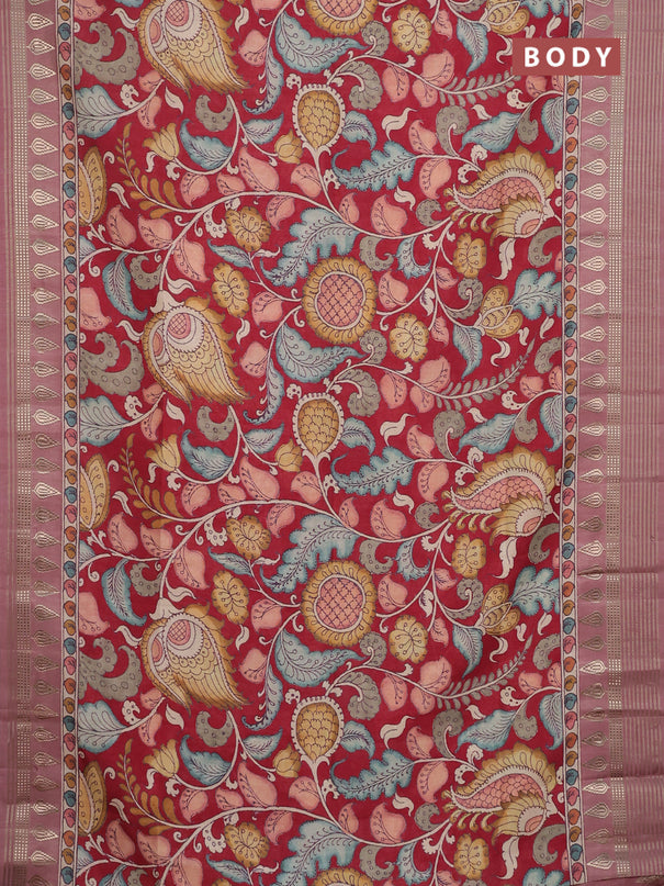 Semi tussar saree maroon and mauve pink with allover kalamkari prints and zari woven border