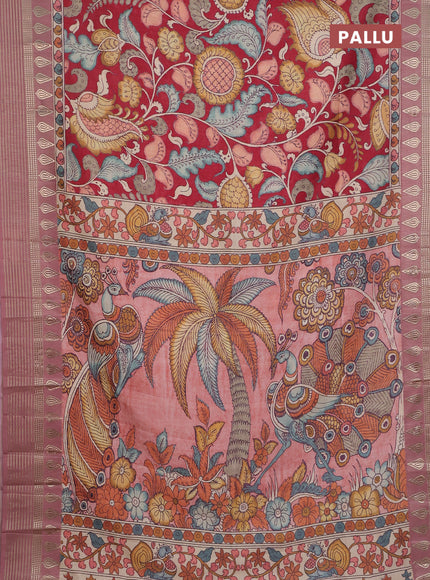 Semi tussar saree maroon and mauve pink with allover kalamkari prints and zari woven border