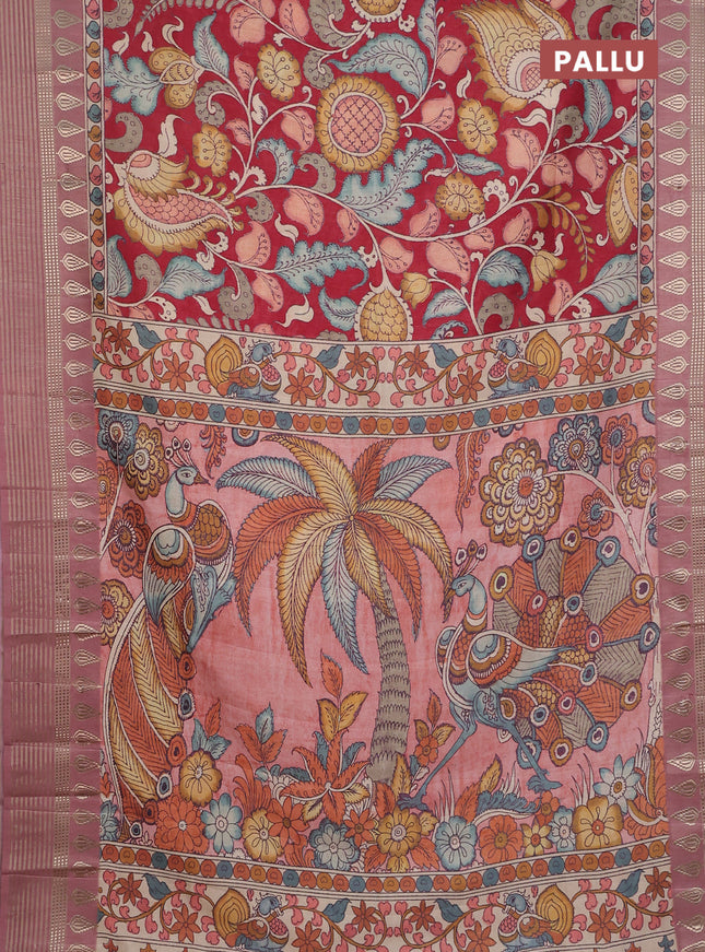 Semi tussar saree maroon and mauve pink with allover kalamkari prints and zari woven border