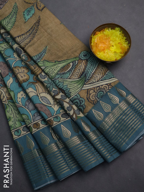 Semi tussar saree blue shade and cream with allover kalamkari prints and zari woven border