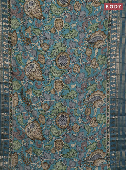 Semi tussar saree blue shade and cream with allover kalamkari prints and zari woven border